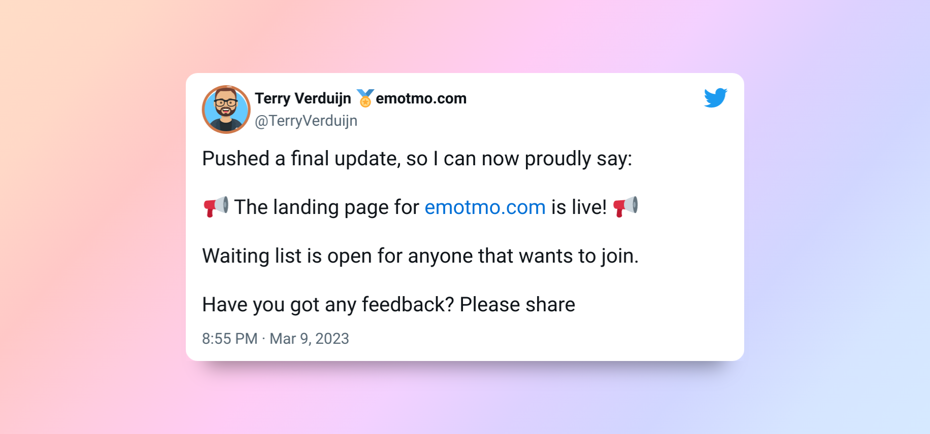 Tweet announcing: The landing page for emotmo is live!